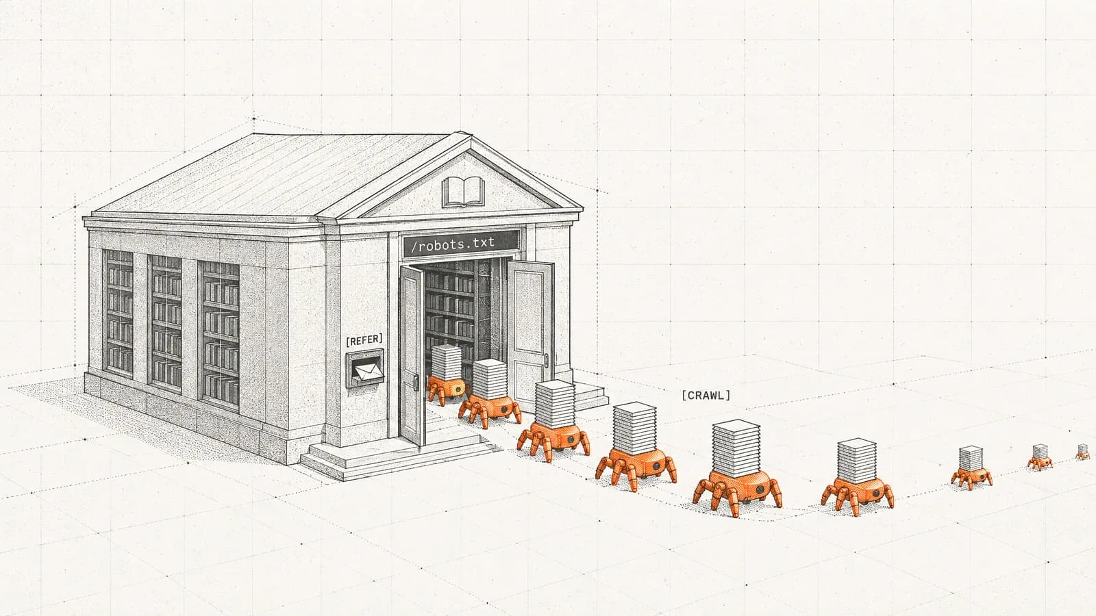Orange AI crawler bots file out of a wireframe library carrying stacks of pages, while its returns slot holds a single envelope