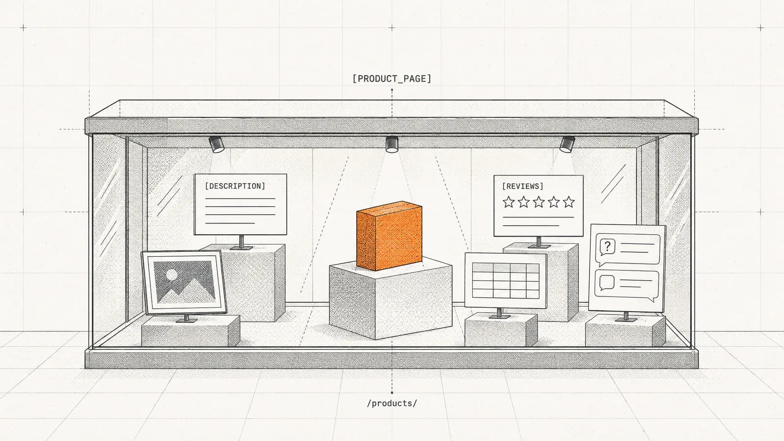 An orange product box on a plinth in a shop window, surrounded by description, size, photo and review cards