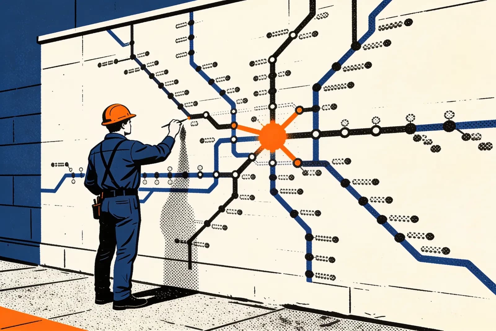 Topical map shown as an engineer drawing a connected constellation of content nodes on a wall