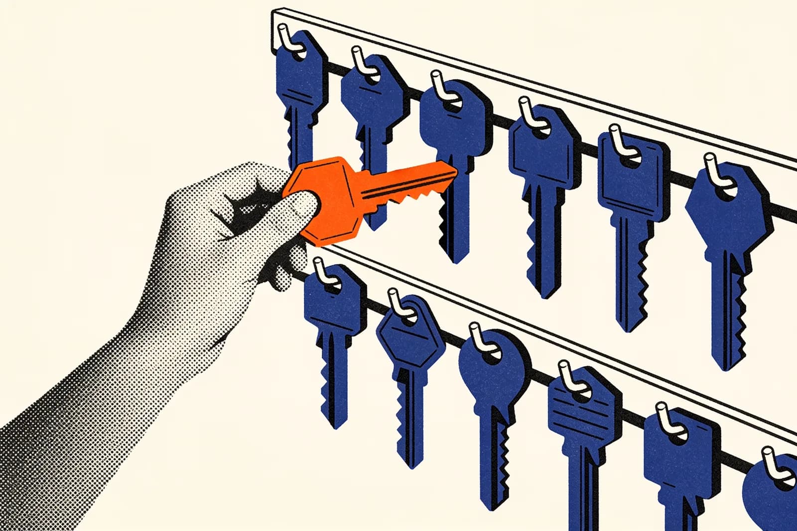 Hand lifting one glowing key from a rack of differently shaped keys, illustrating Majestic SEO alternatives