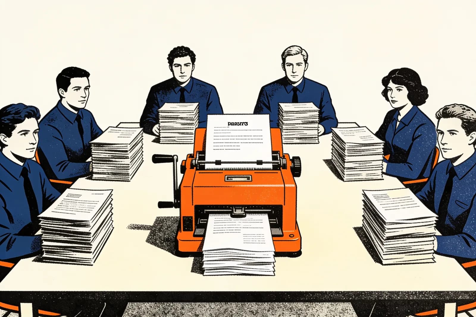 Agency team around a machine stamping stacks of reports, illustrating a white label SEO audit tool
