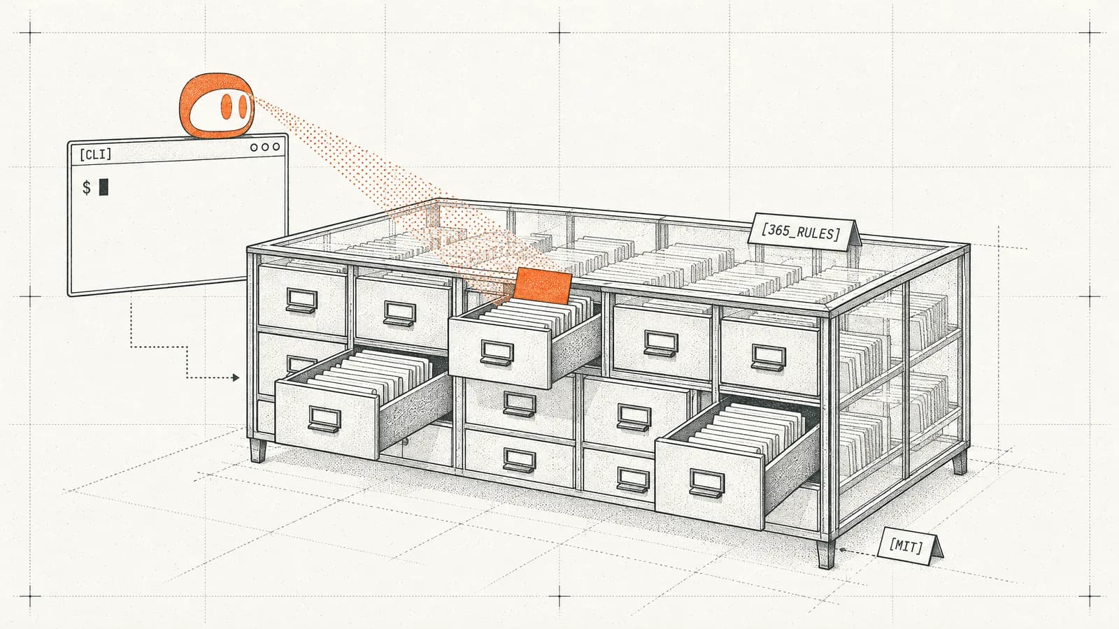 The orange SEOmator agent sits on a terminal window and beams a stippled scan onto a glass-sided card catalogue cabinet with one orange index card lifted out