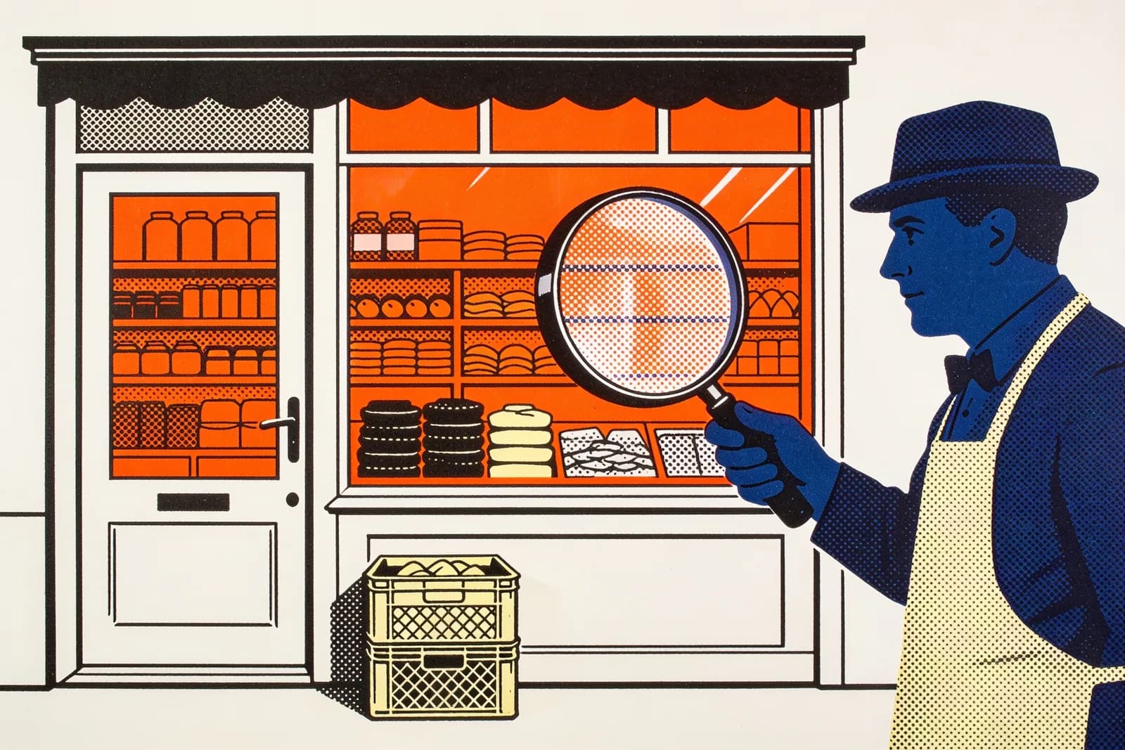 Shopkeeper inspecting a glowing storefront with a magnifier, illustrating a Shopify store SEO audit