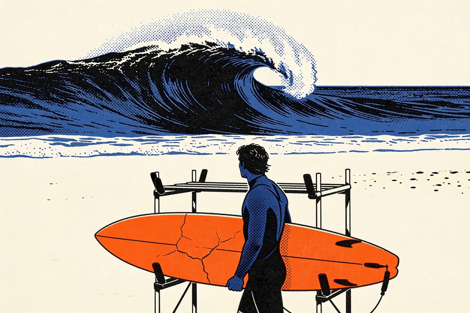 Surfer swapping a cracked board for a glowing one beneath a huge wave, illustrating Surfer SEO alternatives
