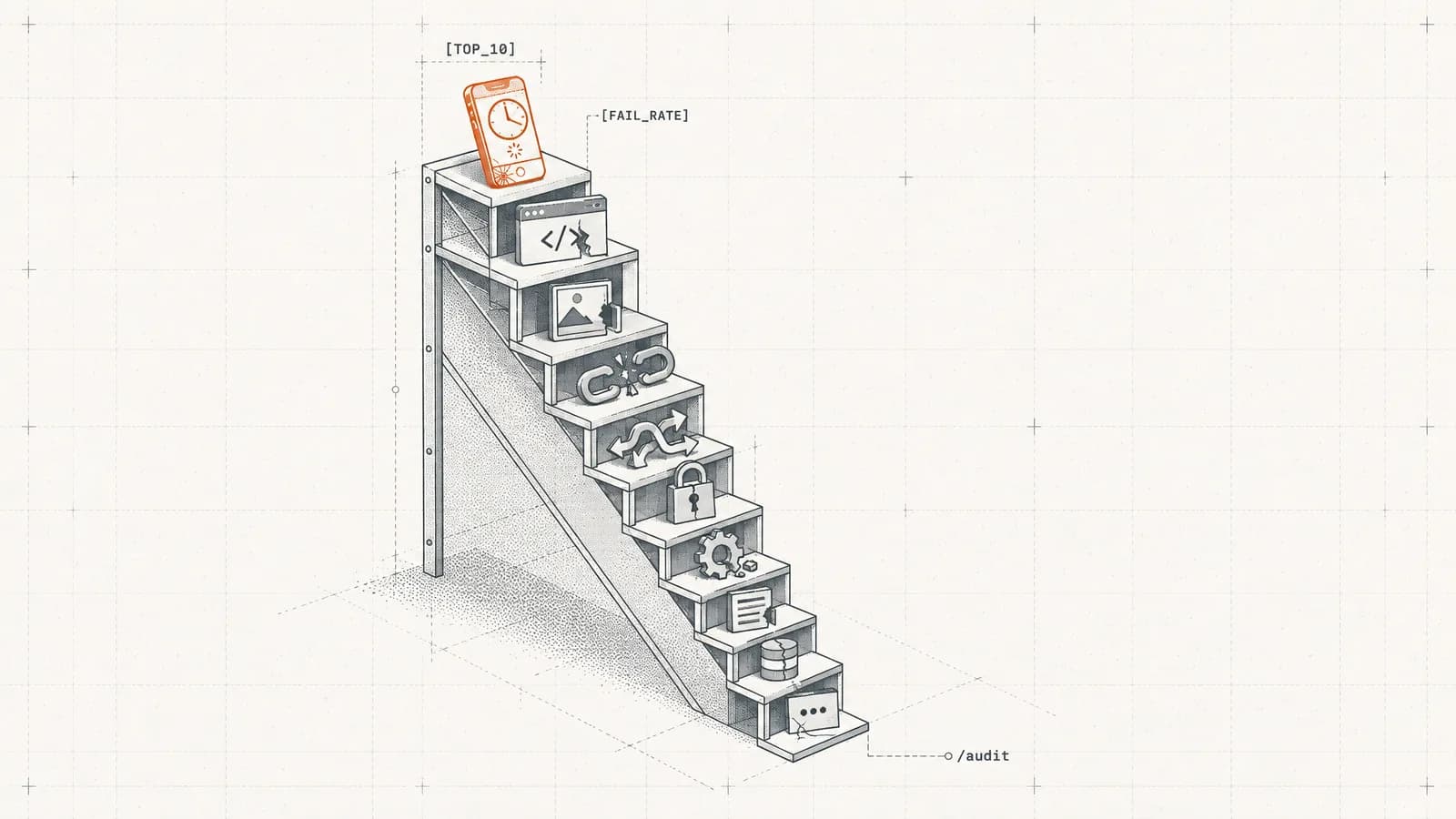 A ten-slot repair shelf of broken website parts, ranked by size, with a slow orange phone at the top