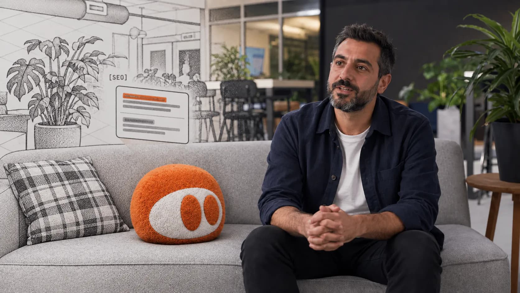 A tech founder talks on an office sofa beside a plush orange SEOmator agent; behind them the office turns into a pencil drawing with a search results card.