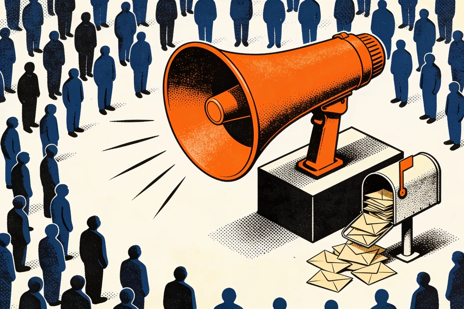 A large megaphone reaching an attentive crowd beside a mailbox overflowing with ignored envelopes