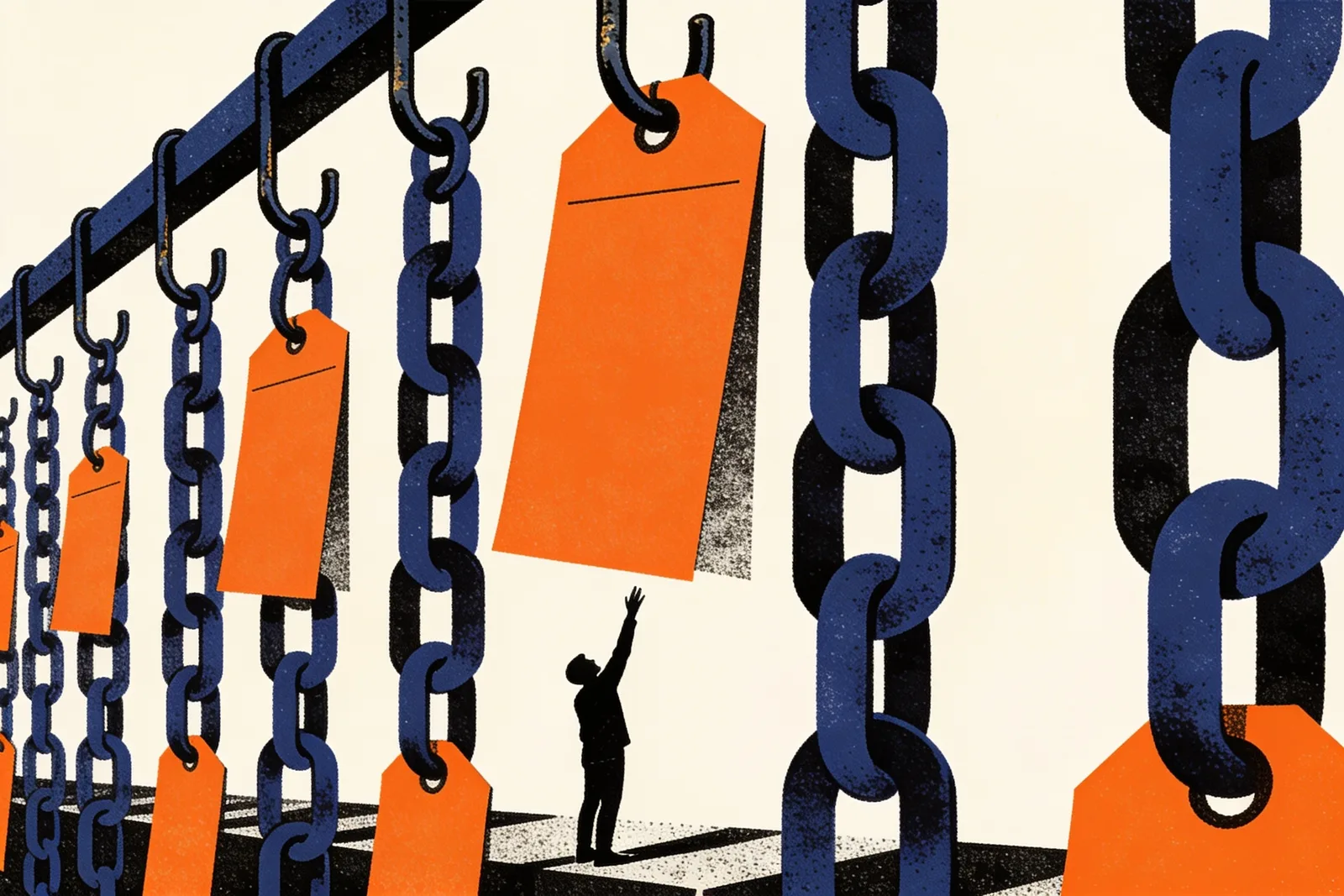 Chain links hanging from hooks with price tags, a buyer reaching for the largest link out of reach