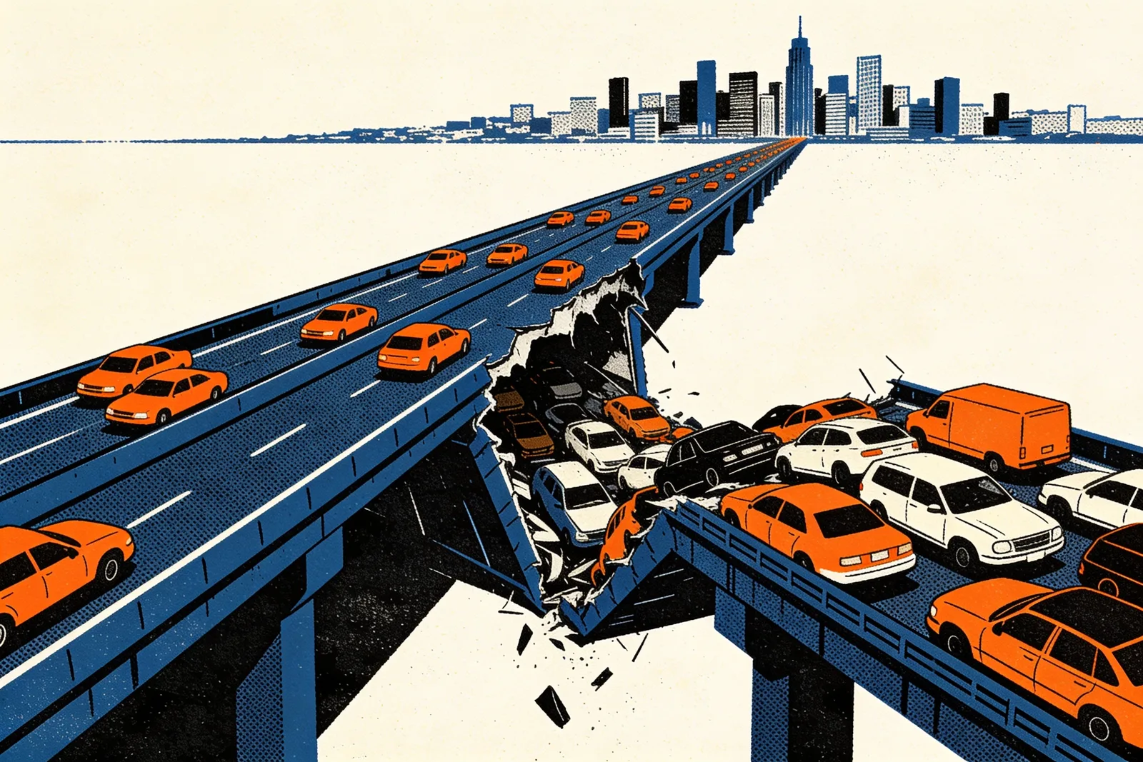 A highway of traffic heading toward a city breaking off at a collapsed span with cars piling up