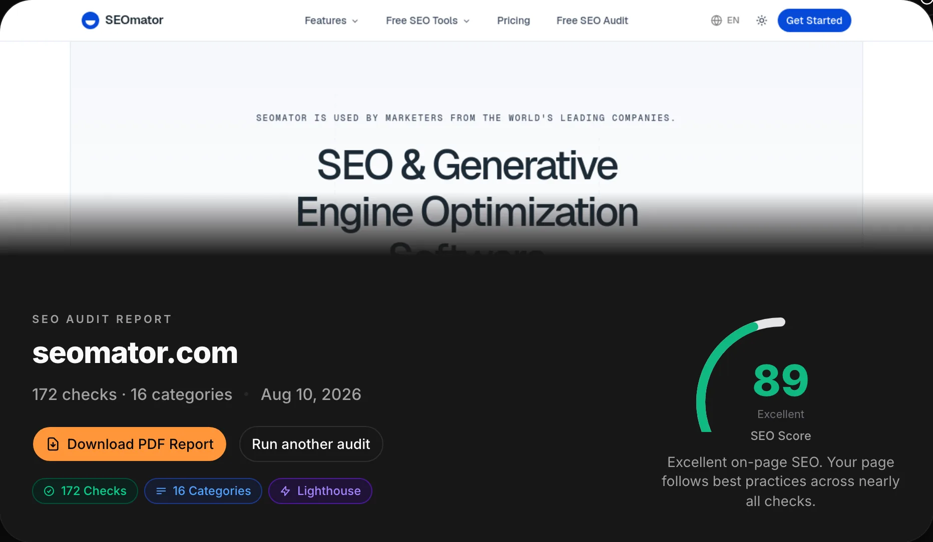 SEOmator free SEO audit report for seomator.com: 172 checks in 16 categories, SEO score 89, PDF export button