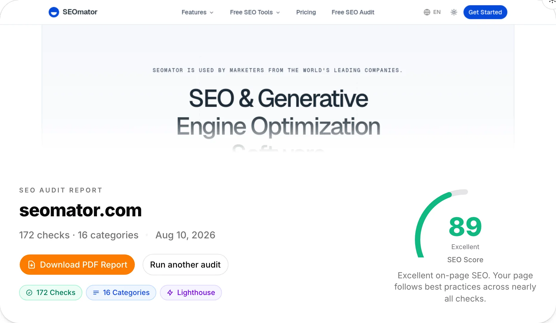 SEOmator free SEO audit report for seomator.com: 172 checks in 16 categories, SEO score 89, PDF export button